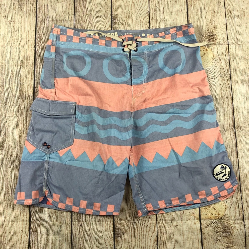 VANS Pink Blue Geometric Swim Board Trunks Shorts
